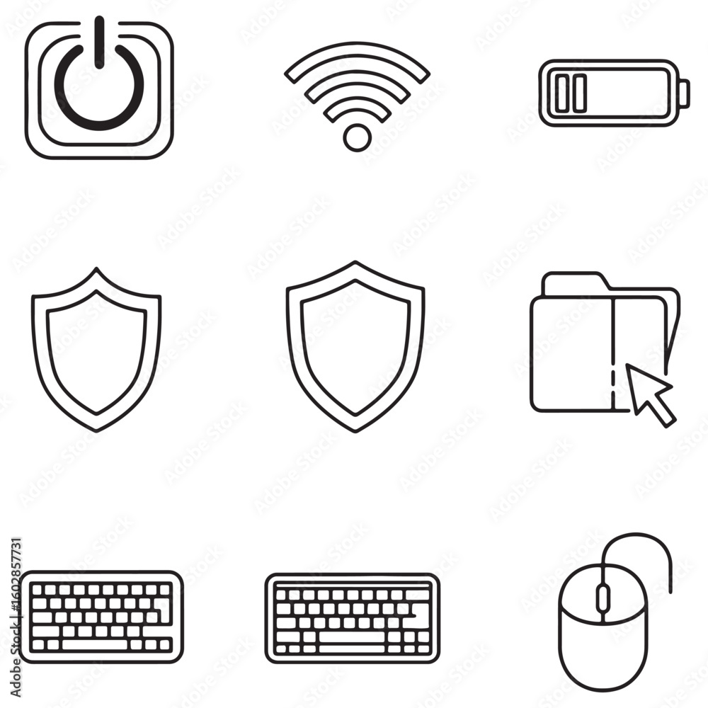Aufkleber Set of isolated computer icons representing wifi, security, battery, and keyboard elements