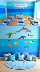 Bright Blue Ocean-Themed Classroom: Back to School Decor, Play Area, and Learning Environment.