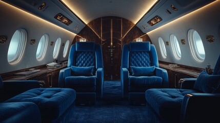 Enjoy a luxurious private jet cabin with elegant blue upholstery and stylish design elements
