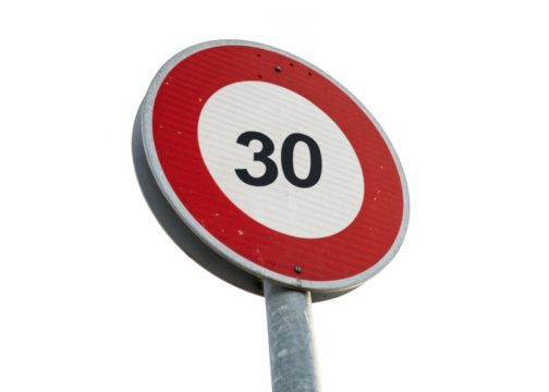 Round speed limit 30 road sign on metal pole isolated on transparent background - Powered by Adobe