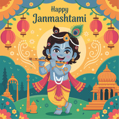 Flat Happy Janmashtami vector illustration