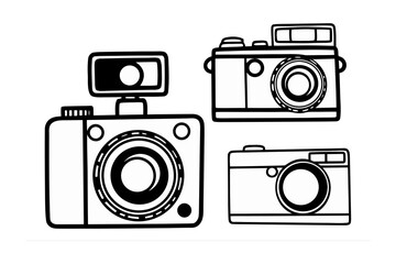 Three hand drawn vintage style cameras with different designs and flash attachments featured in a simple black and white illustration