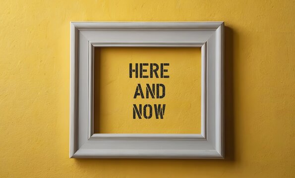 Photo frame on yellow wall with text written HERE AND NOW - refers to present moment, being conscious and mindful of what happening right now than on past or worrying about future