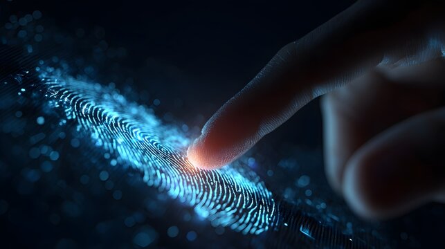 A close-up of a person's finger touching a digital fingerprint scanner in a futuristic setting. - Powered by Adobe