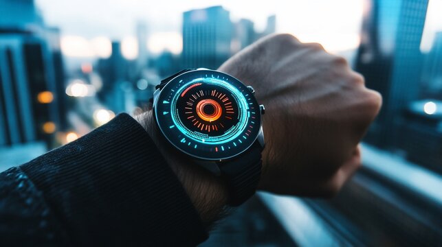 Wrist-mounted technology gleaming above a twilight metropolis for the future age