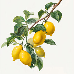 Botanical Lemon Branch Illustration – Watercolor Style with Leaves on White Background