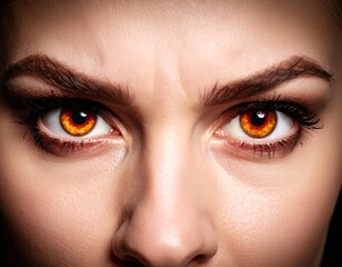 Obraz premium Intense gaze of a woman with striking orange eyes and strong eyebrows in a dark setting