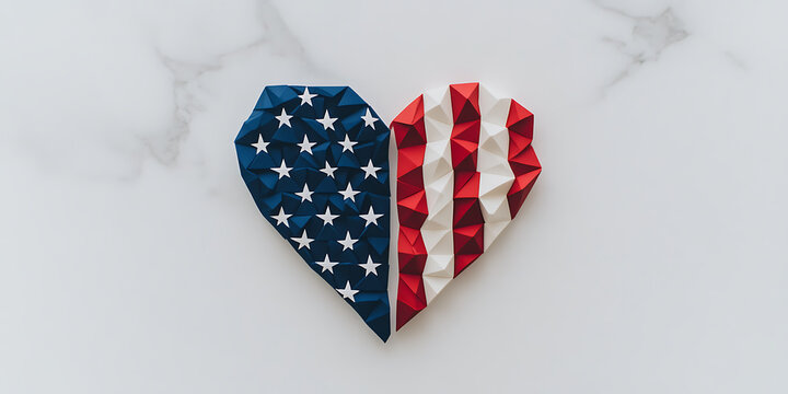 Patriotic Paper Heart: A folded paper heart featuring the stars and stripes. Minimalist design with bold colors on a white marble background.