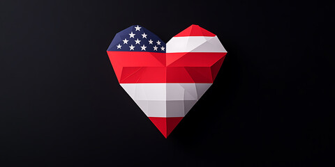 Obraz premium Geometric heart shape with stars and stripes, evoking patriotism and unity, against a solid black background.
