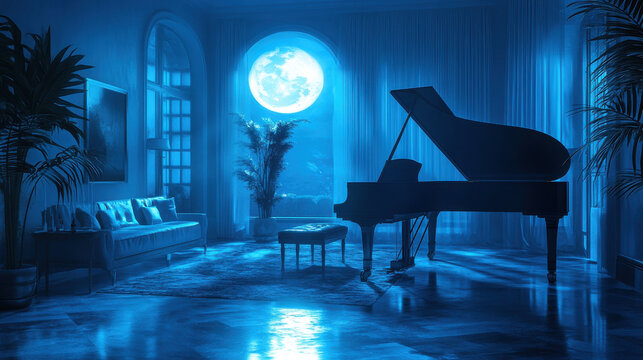 Grand Piano Silhouette in Blue Moonlit Room