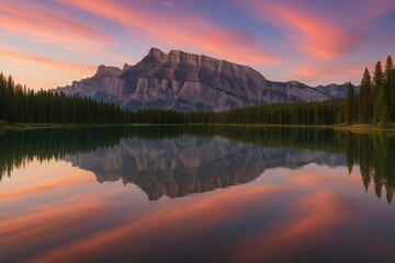 Mountain Majesty Reflected: A breathtaking scenic view unfolds as a majestic mountain range casts its reflection onto the tranquil surface of a calm lake, set beneath a stunning sunset sky. 