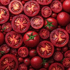 A close-up overhead shot of various sized red tomatoes, some sliced, glistening with water droplets.  The vibrant red hues create a dense, textured pattern