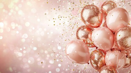 Elegant rose gold birthday balloons floating above a soft pink background .