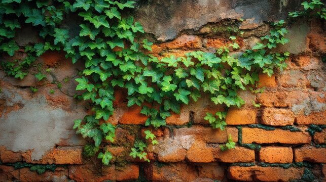 green ivy climbing brick wall, rustic background - Powered by Adobe