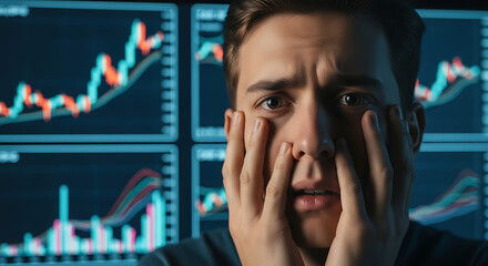 Stressed businessman looking worried in front of financial market data screens.