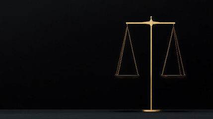 Golden scales of justice stand against a dark backdrop, symbolizing law, equity, and balance. Courtroom concept, legal profession.