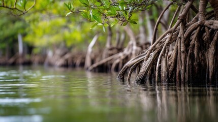 Naklejka premium green mangrove roots in water, nature wallpaper