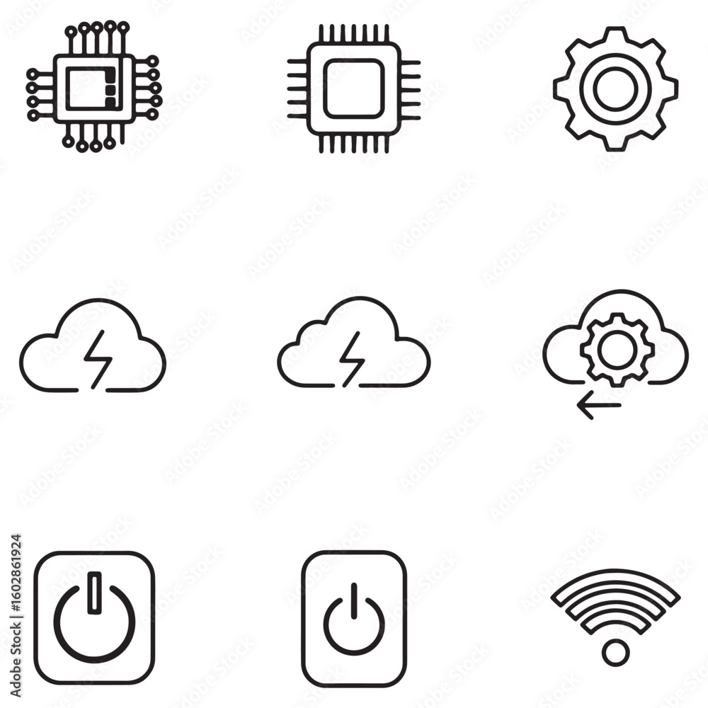 Aufkleber Set of modern technology icons representing cloud computing and digital processes in black and white