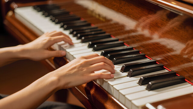 A close-up of a pianist's hands gently touching and pressing the keys of a shiny brown, classic piano. The image focuses on the hands and keyboard, showing the elegance and skill of playing the instru