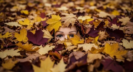 Creepy Mannequin Head Buried in Leaves, Fall Leaves, Autumn feel