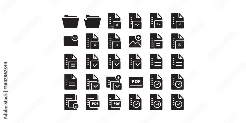 Poster A collection of various document and folder icons in black on a white background in a grid format