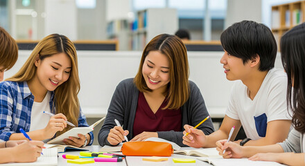 Obraz premium Young Asian Adults Study Group: Collaborative Learning & Academic Teamwork Session