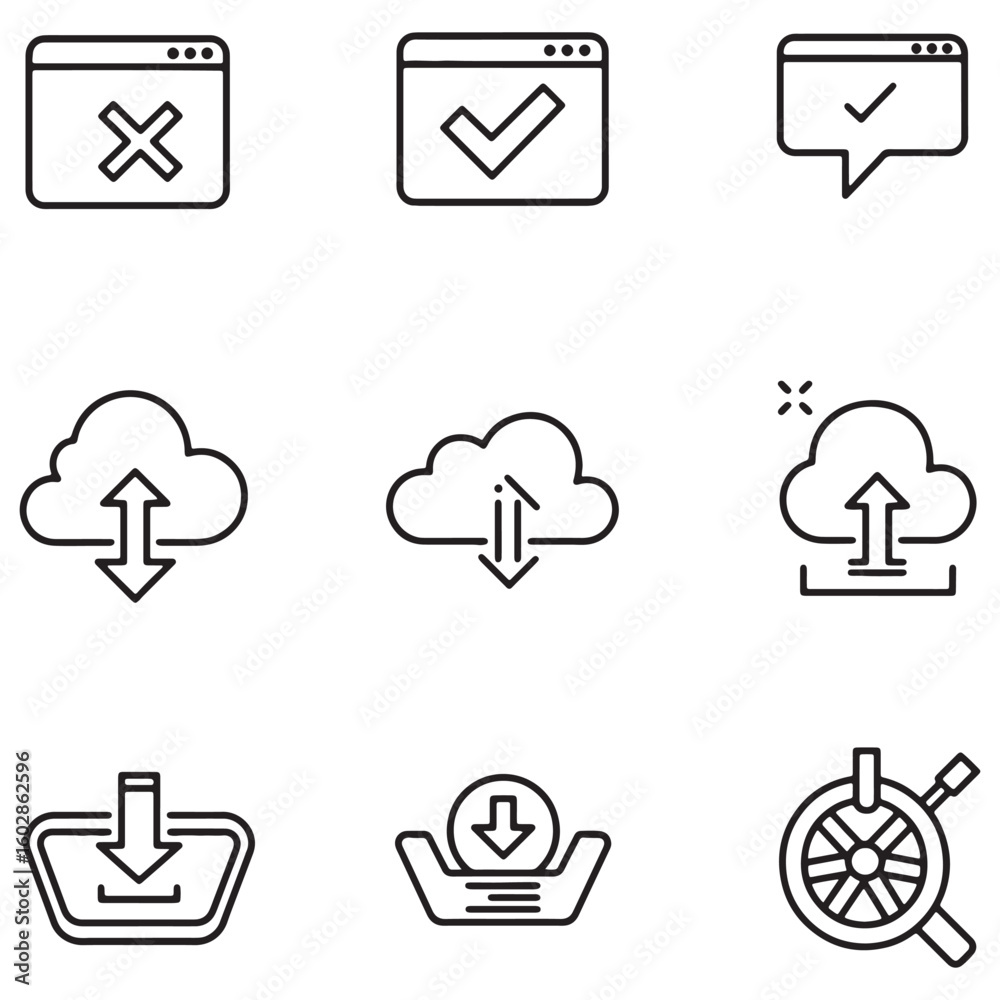 Poster set of simple cloud computing and interface icons for digital applications