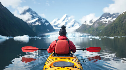 Kayaking adventure in a glacial landscape. Witness the serene beauty of snow-capped mountains and calm waters, creating a perfect kayaking experience.