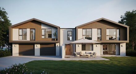 Modern Duplex House Design with Patio and Green Lawn