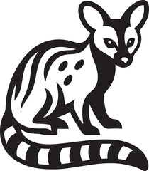 Black and white quoll silhouette with striped tail, Wildlife tail pattern illustration in black