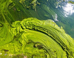 Obraz premium Abundant Green Algae Bloom Covering Water Surface in Natural Environment