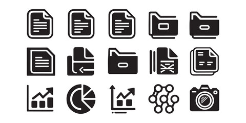 A set of various black icons including documents folders charts and a camera on a white background