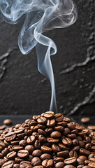Coffee beans with steam effect and textured black background, high realism, wallpaper