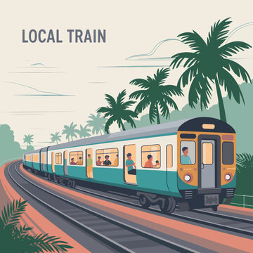 Local train at a bustling railway station with a powerful diesel locomotive on the tracks