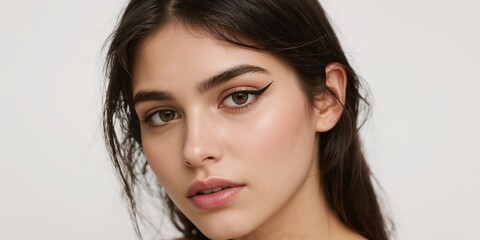 Naklejka premium Teen Colombian female model of cruelty free eyeliner eyes on plain white background