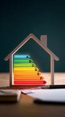Représentation d'un Diagnostic de performance énergétique (DPE)en forme de maison sur un bureau avec une lumière douce