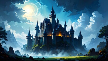 Dark fantasy castle under a moonlit sky