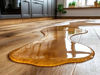 Spilled liquid on light brown wooden floor