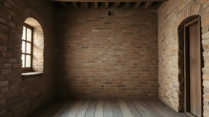 Interior architectural view showcasing an empty brick room with a window and door, enhanced by the natural light coming inside