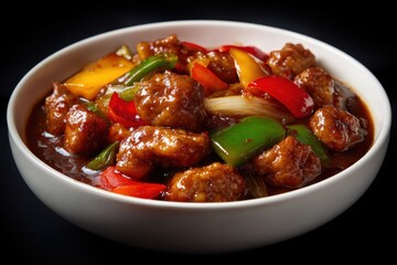 Sweet sour pork with colorful peppers, mixed vegetables served in a black bowl on dark concrete background. Traditional Chinese dish. Close-up. The meat pieces in a brown sauce glaze. Sichuan cuisine.