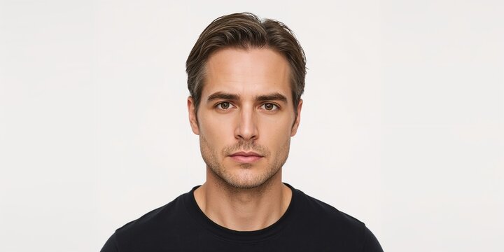 Middle aged Russian male model of caffeine scalp booster scalp on plain white background