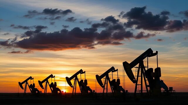 Multiple oil pumpjacks are silhouetted against a vibrant sunset sky with dramatic clouds in an industrial field