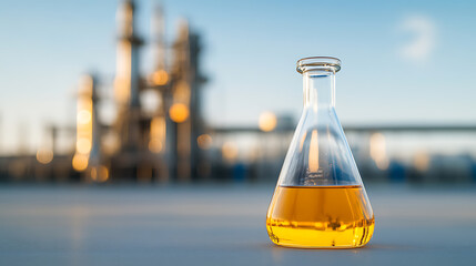 Erlenmeyer flask with liquid in an industrial setting. Science and chemistry are combined. Close-up of container. Chemical plant on background.