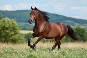 Majestic brown horse galloping through lush green meadow with blue sky