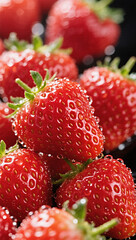 Fresh strawberries with water droplets, macro shot, juicy and shiny, dark background, vertical frame. mobile wallpaper.
