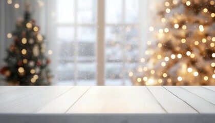 Abstract Warm Living Room Decor With Christmas Tree String Light Blur On Empty White Wood Table Top, Holiday Backdrop For Product Display.