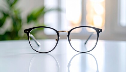 Eyeglasses with transparent lenses on a reflective surface, with a blurred background and soft lighting.