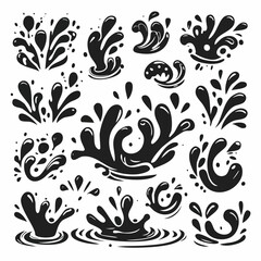 Vector design collection of black water splash icons, showcasing various mid-air splatters, droplet angles, and liquid crown shapes.