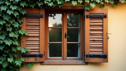 Obraz premium Wooden window shutters with climbing vines.