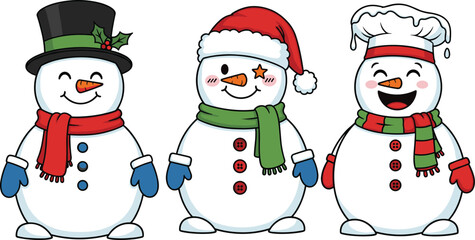 Cute cartoon snowmen in festive hats and scarves, cheerful winter holiday characters, Christmas illustration, vector art for kids, seasonal design